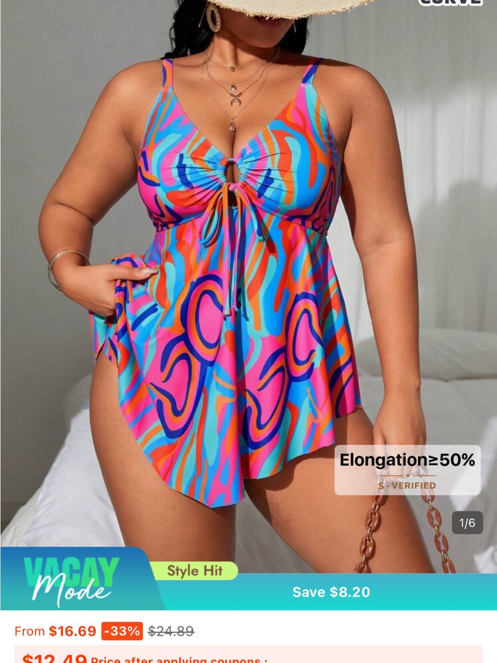 SHEIN Pink Blue Orange Abstract Tie-Front Swimdress
